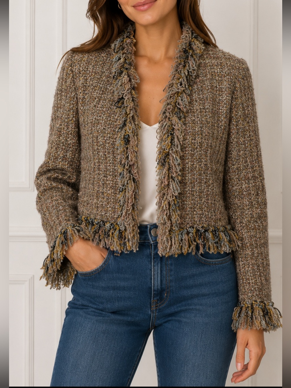 ABS Allen Schwartz Tweed Fringe Jacket Hook & Eye Women’s Size 10